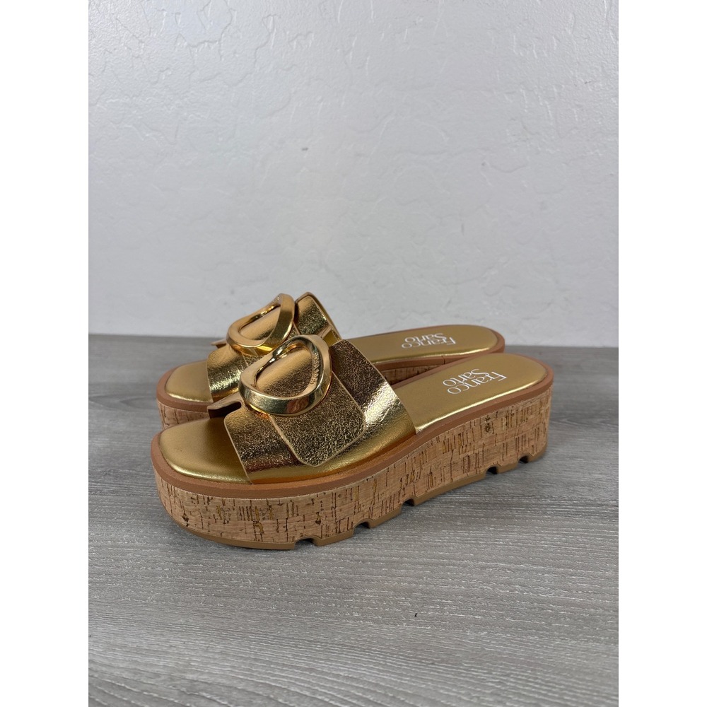 Franco Sarto Hoda Metallic Gold Cork Platform Slide Sandals Buckle Womens 7M